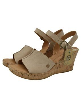Born Womens Size 11 Agnio Natural Leather Open Toe Faux Cork Wedge Shoes Sandals